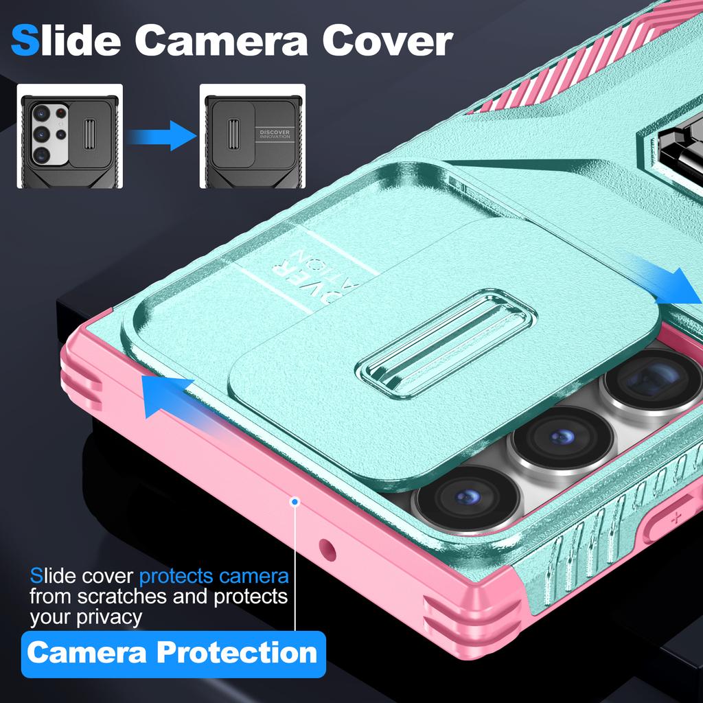 For Samsung Galaxy S23 Ultra Case Slide Lens Lid PC+TPU Phone Cover Kickstand Shell