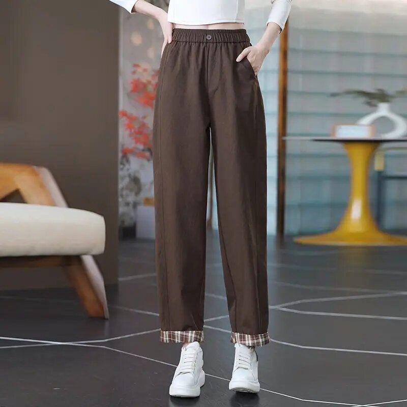

Women s Loose Plaid Slimming Harem Pants - Anti-Wrinkle, Tapered Leg, Dad Style, Autumn Carrot Design. M (Recommended 90-105 jin)