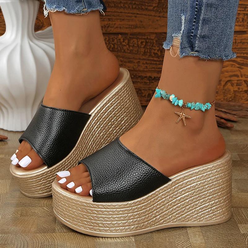 Fashion Thick Bottom Wedge Heel Slippers for Women Plus Size Fashion Chunky Platform Sandals Woman Summer 2025 Thick Sole Beach Slides