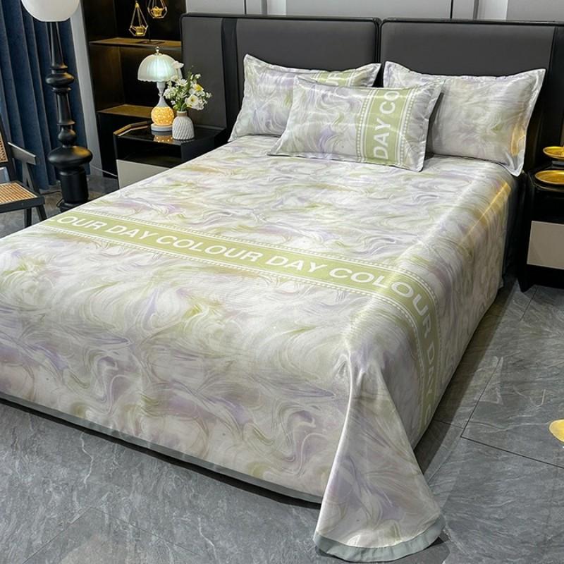 Nordic Style Floral Printed Cooling Mat Set Summer Skin Friendly Ice Silk Bed Sheet Set With Pillowcase Breathable Bed Mattress