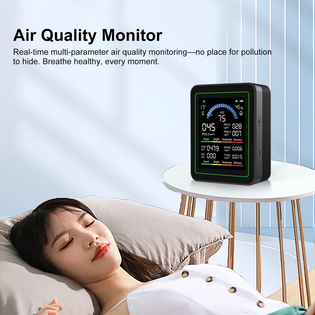 10-in-1 2.8" Air Quality Detector Meter CO2 Formaldehyde PM2.5 TVOC Temperature Humidity Tester Type-C Charging for Home Office