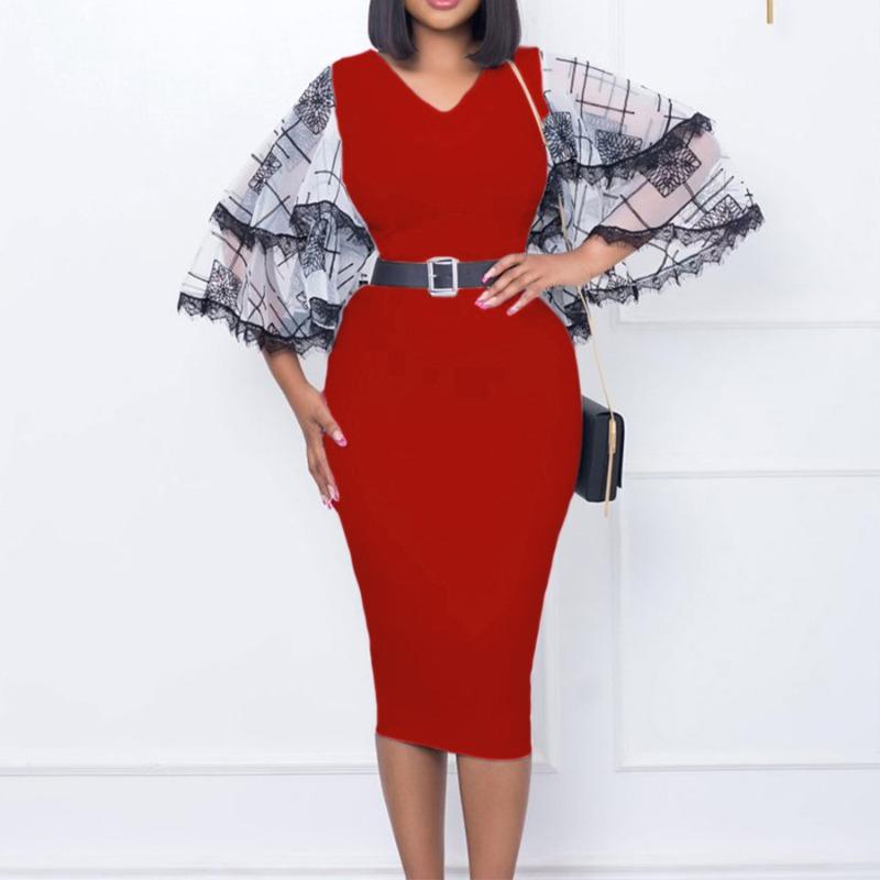 Women's New V-neck Horn Sleeve Hip Wrap Commuter Office Pencil Skirt Dress