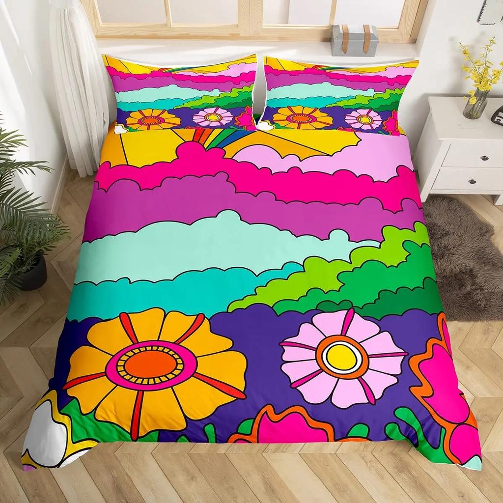 Hippie Flower Duvet Cover Set Boho Mandala Bedding Set Microfiber Groovy Flowers Comforter Cover King for Girls Women Room Decor
