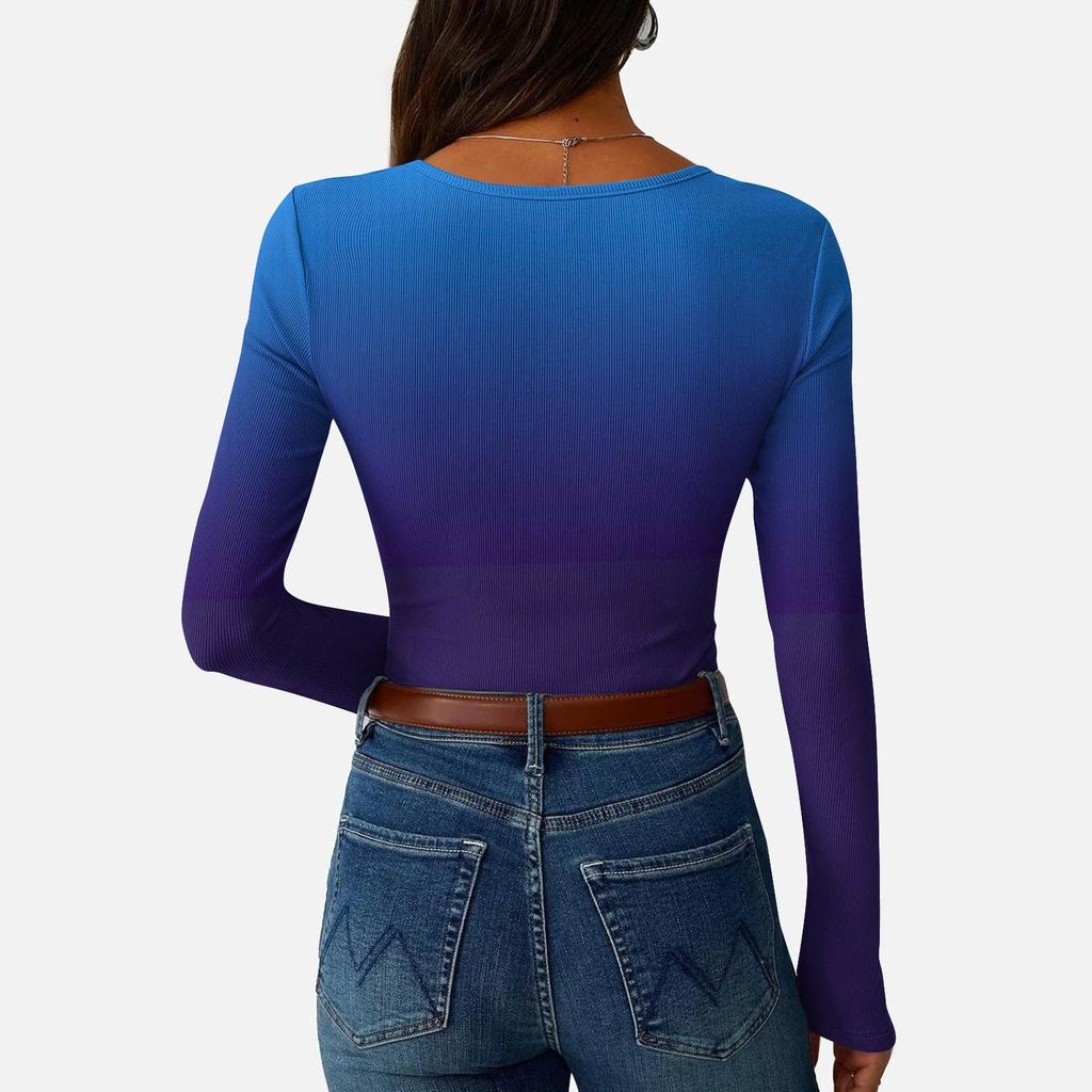 Dámské tričko s úzkým spodním lemem Módní ležérní s gradientním potiskem Kulatý výstřih Pulovr Dlouhý rukáv Top