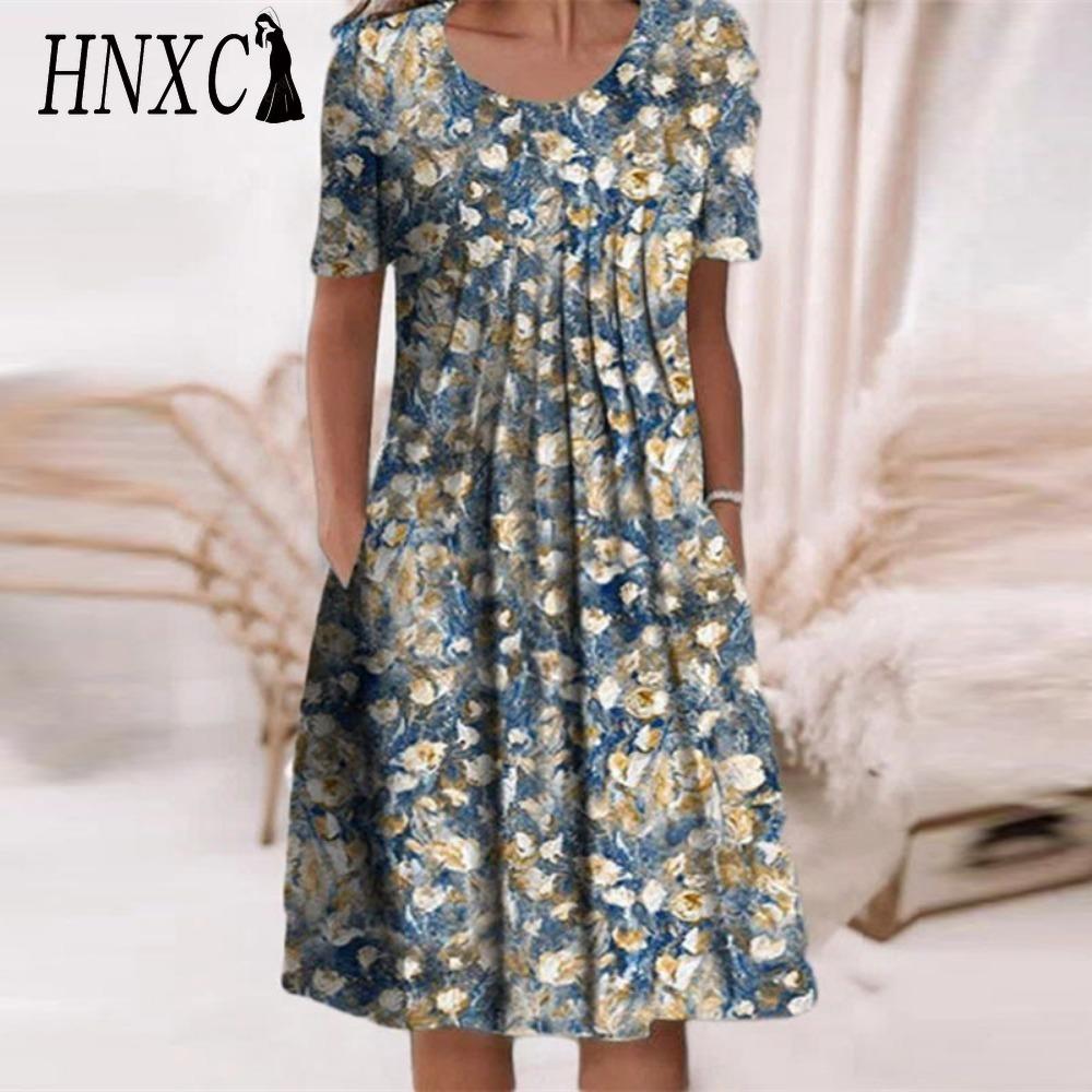 HNXC 30 Color Pleated Midi Dress Short Sleeve Round Neck Loose Hem Mid-Calf Length Women Floral A-Line Party Dress Casual Wear