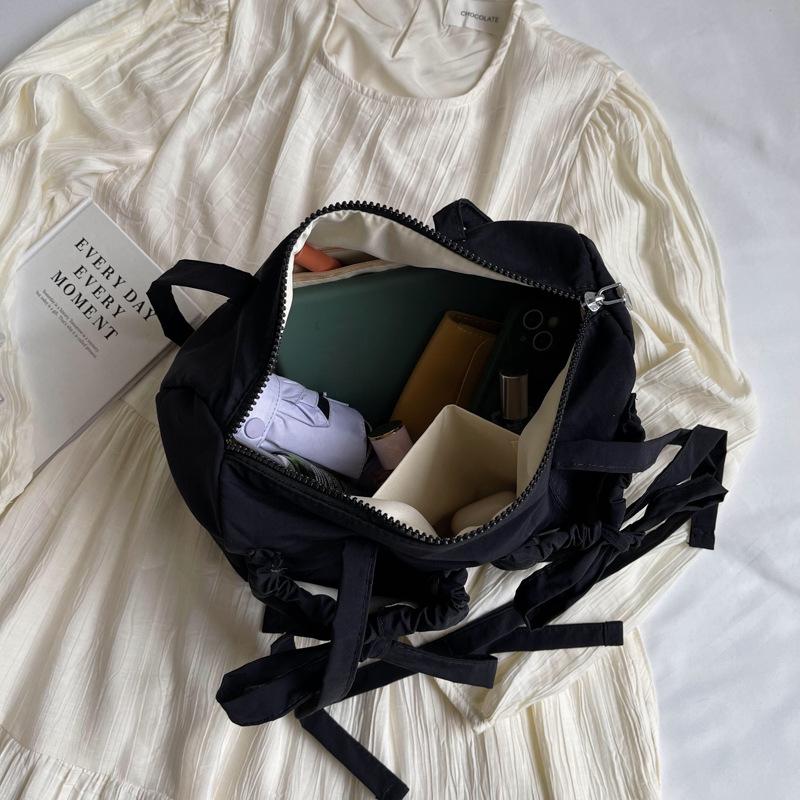 Women's Preppy Style Bow Nylon Shoulder Bag Versatile Solid Color Zipper Sweet Tote Bag for Commuting & Casual Outings CLE