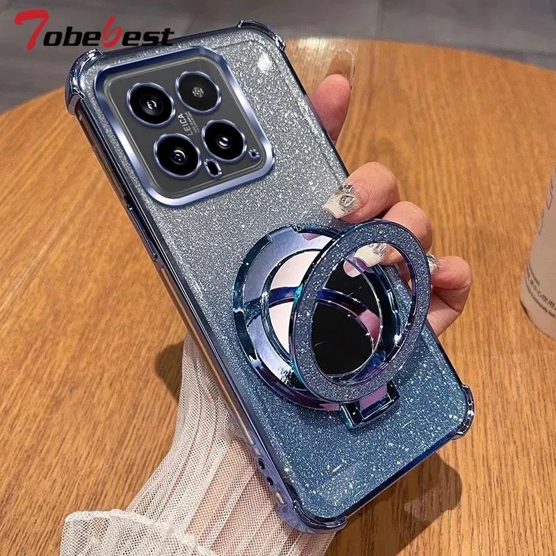 Glitter Shockproof Silicone Case For Xiaomi Mi 15 14 14T 13 12 Pro 12X 12S Mirror Magnetic Holder Stand Soft Cover