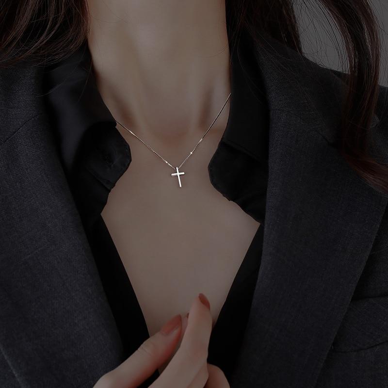 New 925 Sterling Silver Box Chain Cross Charm Pendants Necklace for Women Girls Statement Party Jewelry Dz094