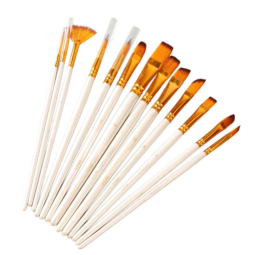 13PCS Artist Paint Brush Set Pearl White Bicolor Nylon Bristles Long Handle Oil Acrylic Paint Brush Watercolor Brush Set