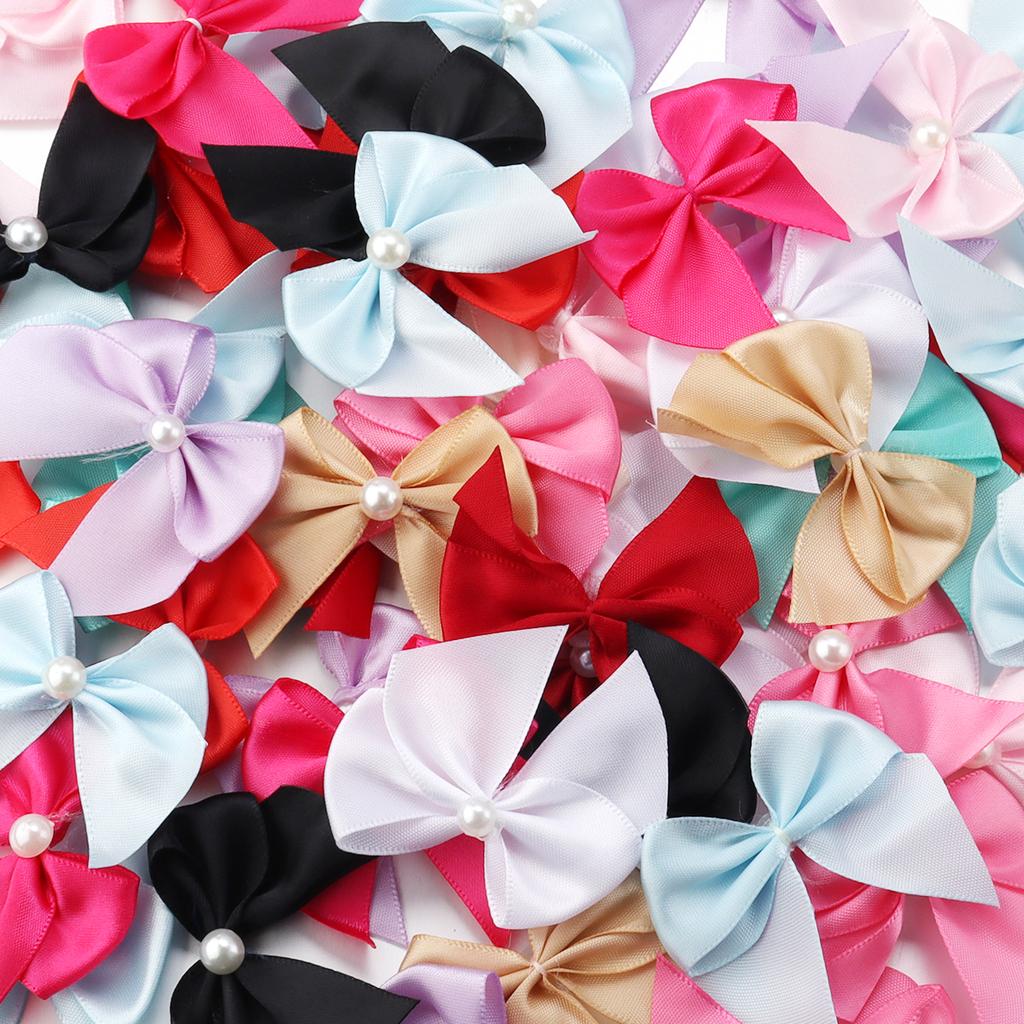 20pcs Polyester Satin Ribbon Bows 5.5x6cm Colorful Half Bead Hand Tied Bowknots For DIY Crafts Party Clothing Headwear Finding