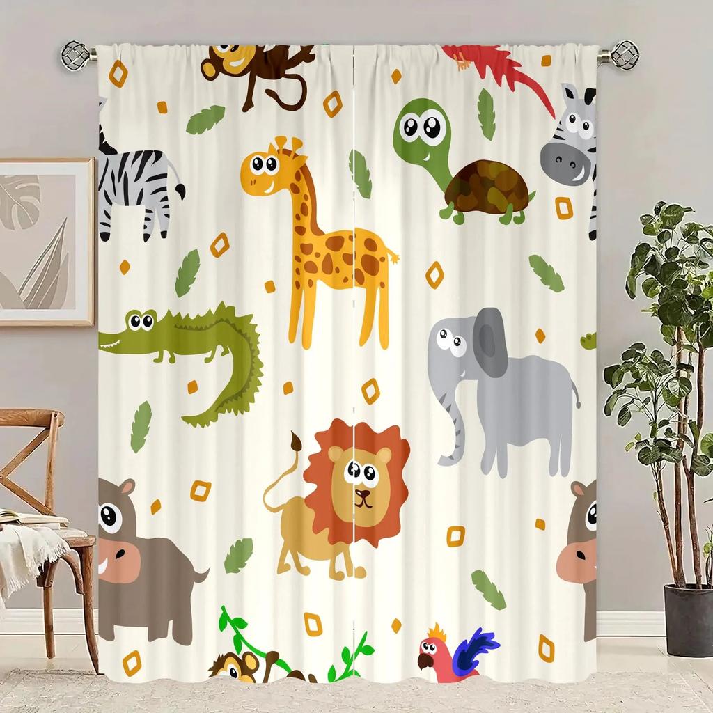 Set Of 2 Cute Animal Print Curtain Cartoon Design Window Drapes Nursery Decor Curtains Blackout Made Polyester