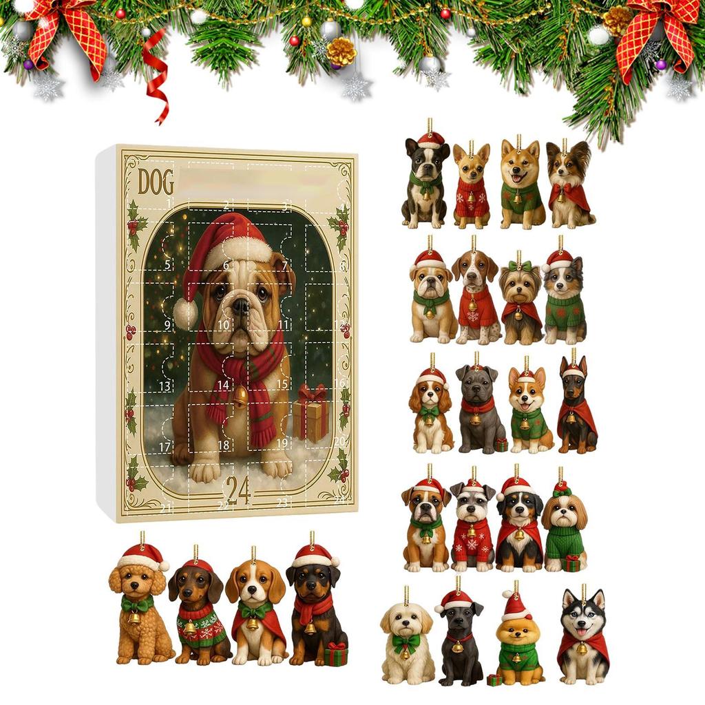Cute Dog Advent 24 Days 2D Acrylic Dog Charm Countdown Calendar Christmas Pendant for Tree Window Wall Door Car Decoration