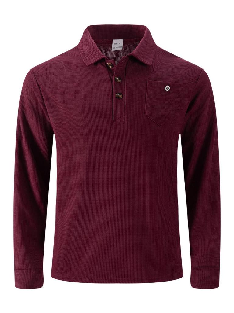 Autumn Solid Color Waffle Knit Lapel Pocket Button Long Sleeve Polo Shirt