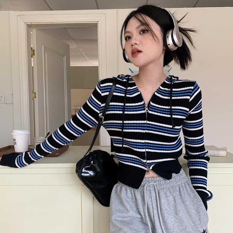 Hooded Stripe Double Zip Small Short Long Sleeve T-Shirt Top - One Size Pink