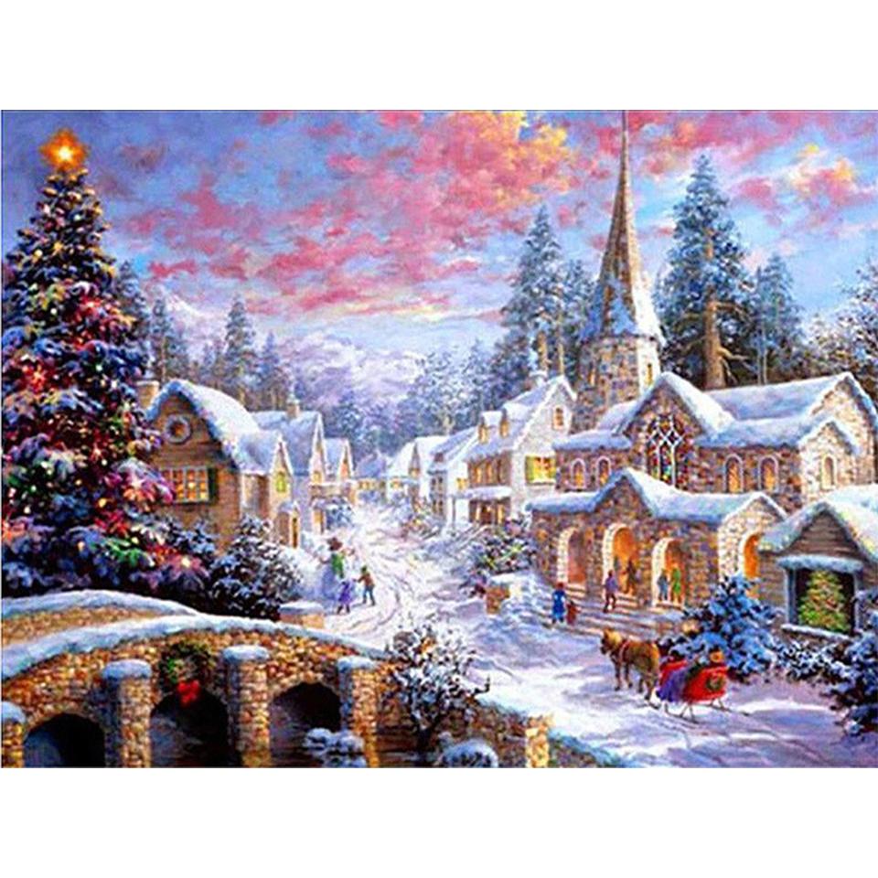 5D DIY Diamond Painting Landscape Winter House Full Round Rhinestone Embroidery Cross Stitch Kit Mosaic Picture Decoration Gift