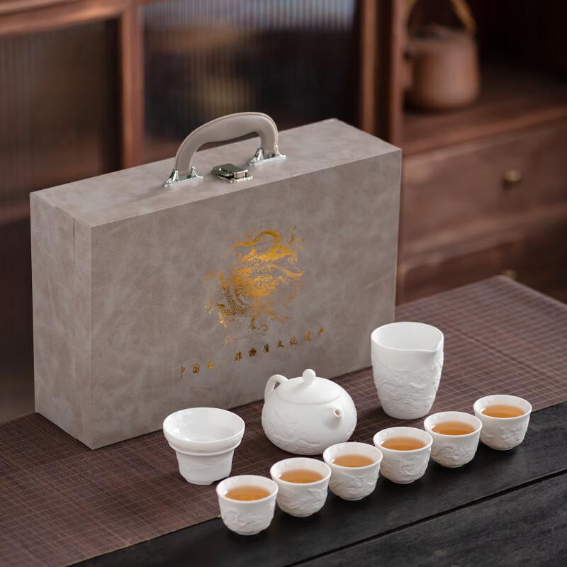 Dehua White Porcelain Mutton-Fat Jade Relief Tea Set