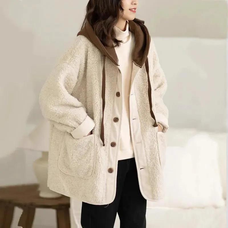 Women Spring and Autumn Mid-Long Thick Pocket Jacket Lamb Plush Hooded Overcoat Outerwears