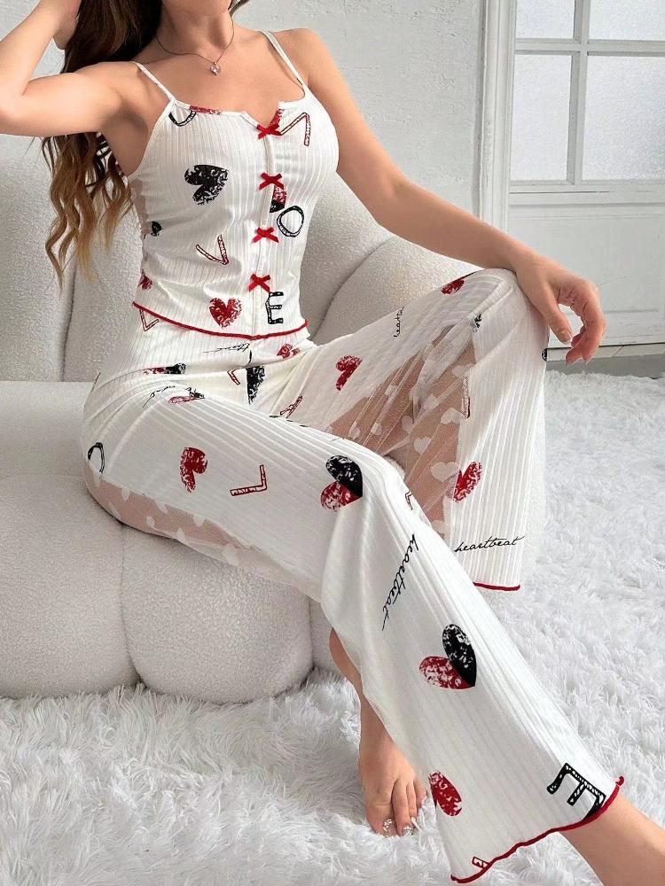 

Женский пижамный комплект, одежда для сна, 2 шт., короткие майки, белые, вентилируемые, мягкие, повседневные, с принтом «любовь» S