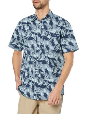 Amazon Essentials Regulär geschnittenes kurzärmeliges gemustertes Hemd in Marineblau Himmel mit Palmenblatt Größe XL Herren-Design,