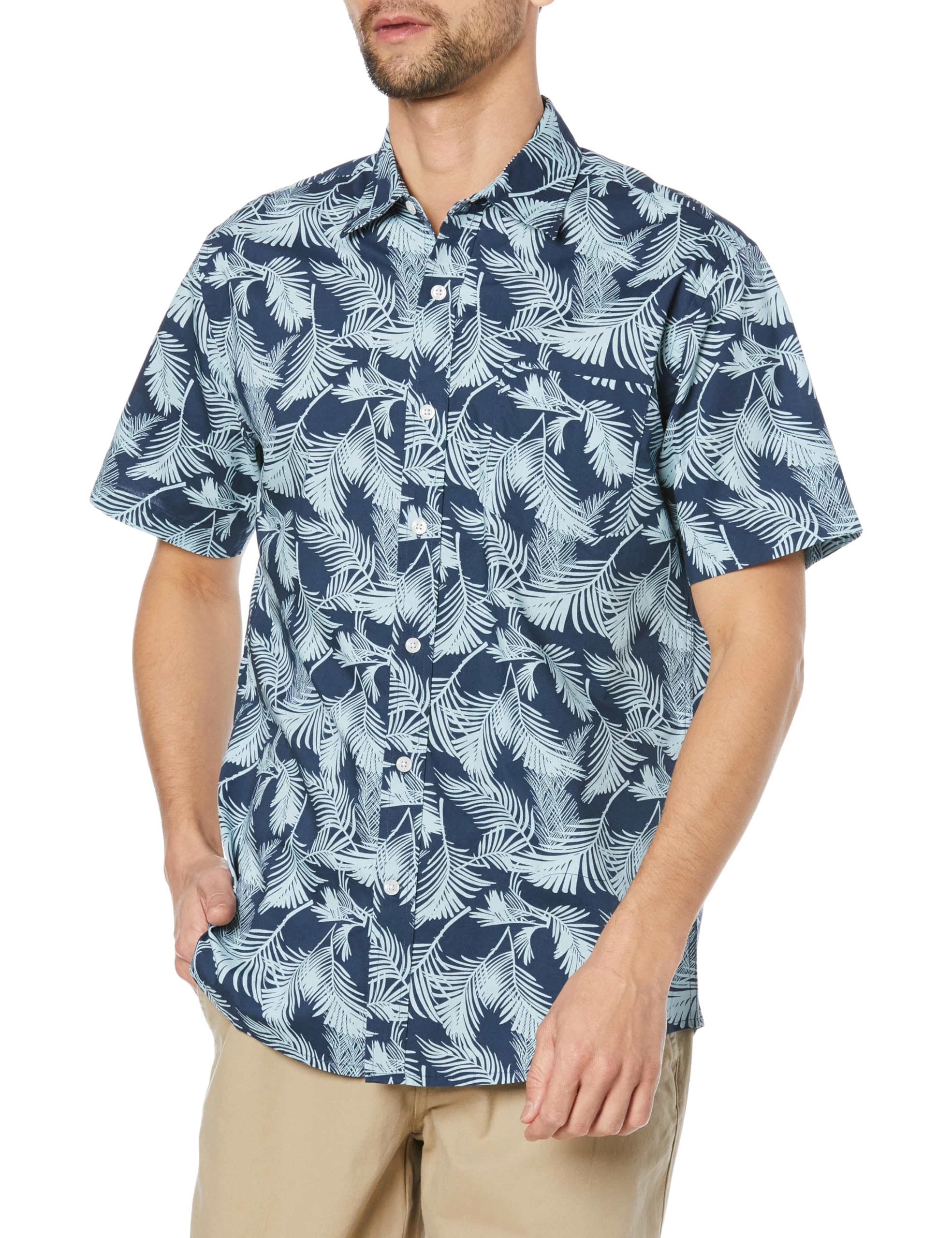 

Amazon Essentials Рубашка с коротким рукавом обычного кроя с узором цвета морской волны и листьями пальм, размер XL, мужской дизайн,