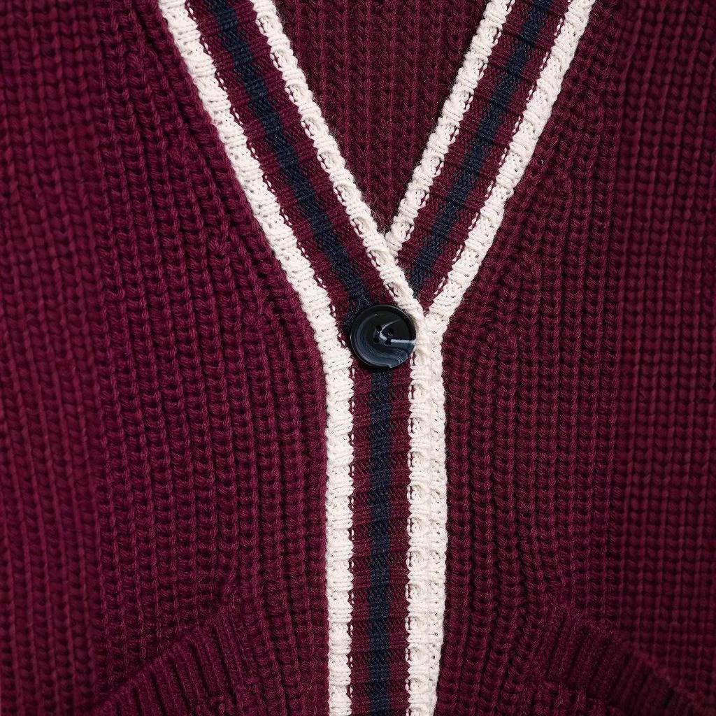 2025 Spring V-Neck Dark Red Color Block Stripe Knit Cardigan - European & American Style