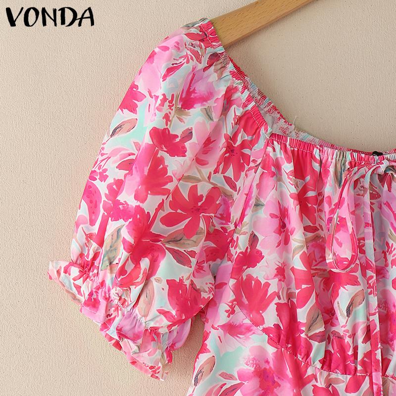 VONDA Vestido Mini Casual con Volantes para Vacaciones con Estampado Floral y Manga Corta Descubierta para Mujer