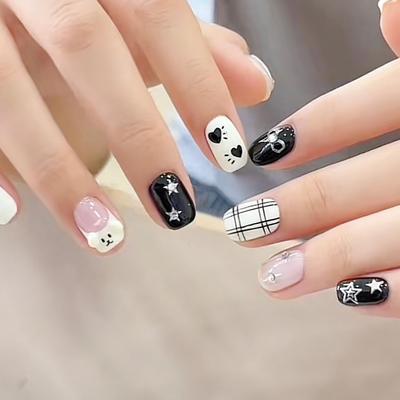 Cute Dog Press On Nails Short Style Fake Nails Sliver Star False Nails with Tiny Rhinestones Bow Designs Acrylic Nails Heart Press On Stick On Nails