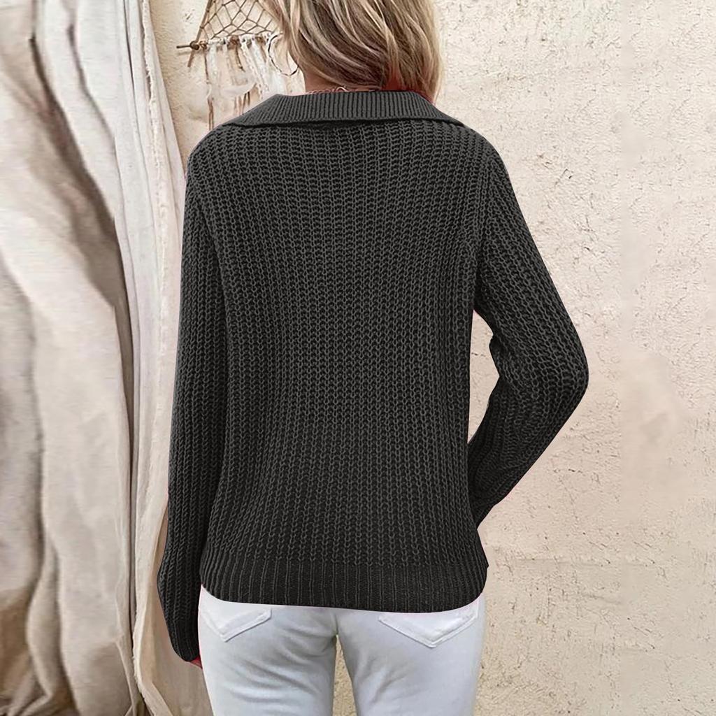 Pull-over pour femme à la mode, couleur unie, à revers, manches longues, tendance et polyvalent