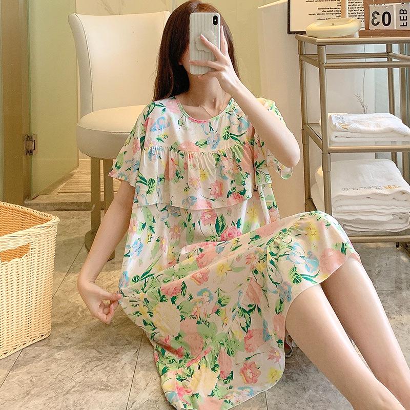 Plus Size Womens Nightgowns New Cotton Silk Nightdress Summer Casual Loose Sleepshirt Comfortable Lounge Wear