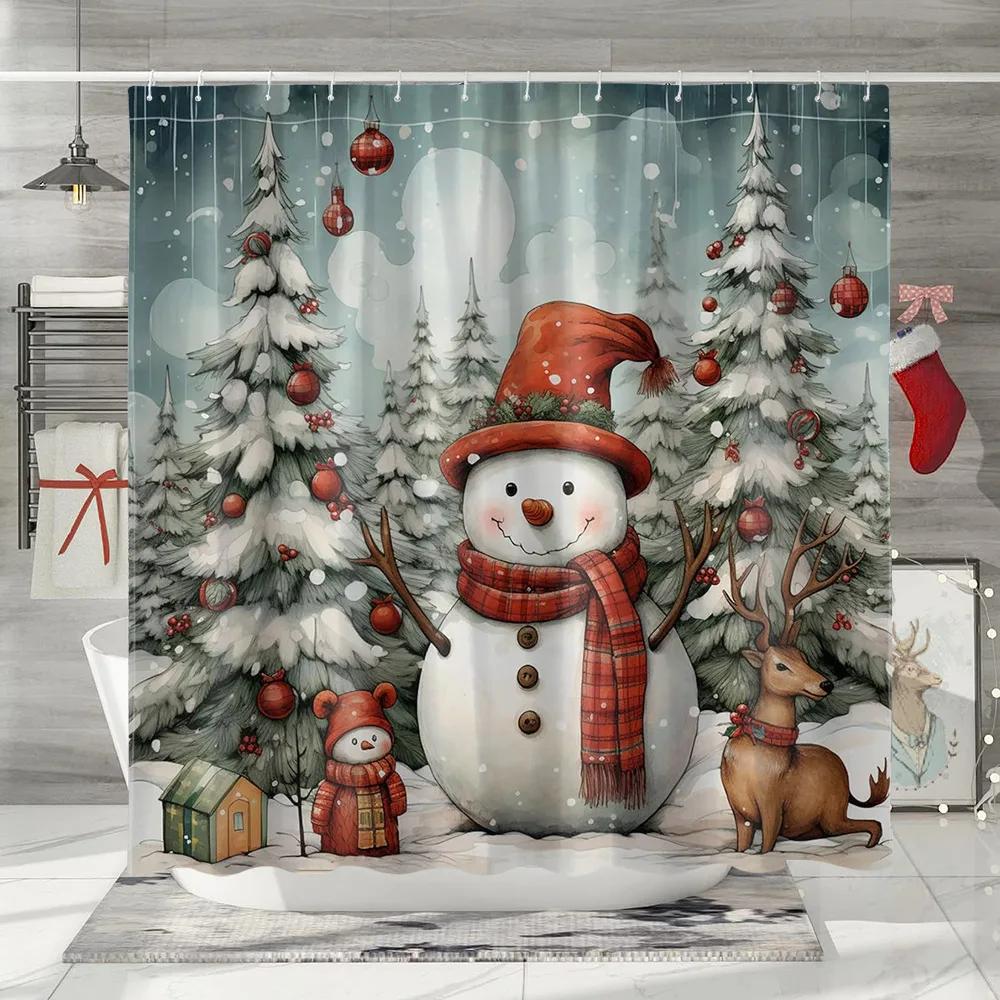GAEChristmas Shower Curtain Santa Claus Snowman Elf Snowflake Cartoon Winter Rustic Home Polyester Fabric Bathroom Decor