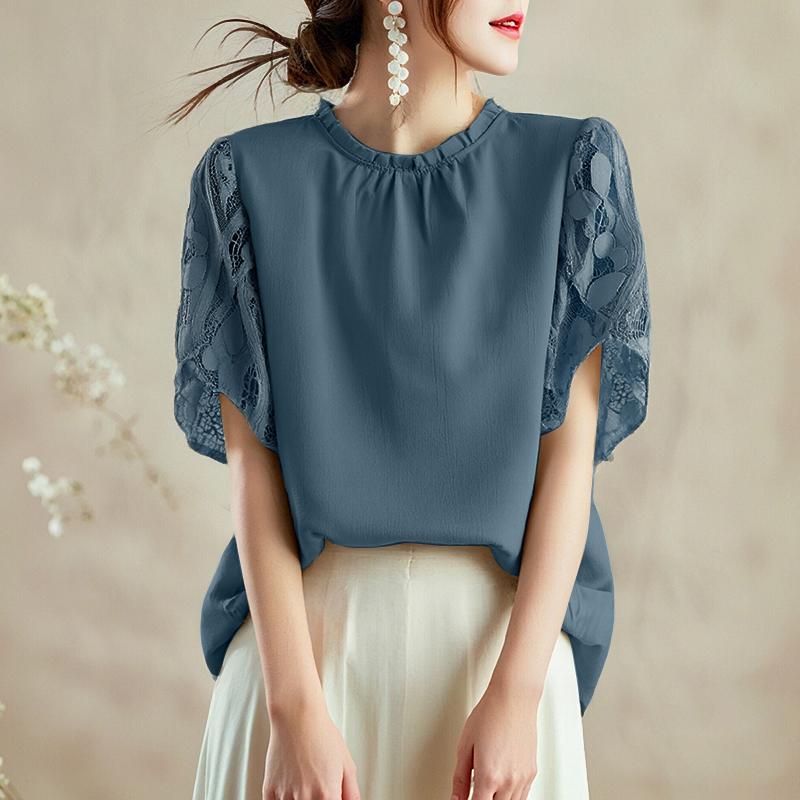 ZANZEA Women Casual Round Neck Loose Splice Short Sleeve Blouse