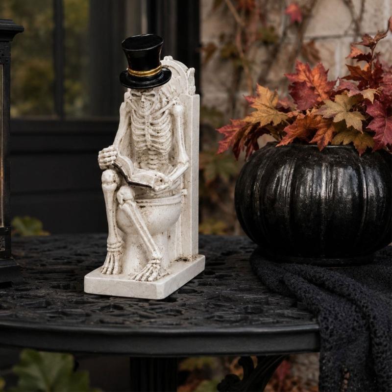 Shelf Display Skull Reader Figure for Desk Accent, Toilet Seat Book Scene, and Dark Humor Room Theme Presentation Piece for Seasonal Use
