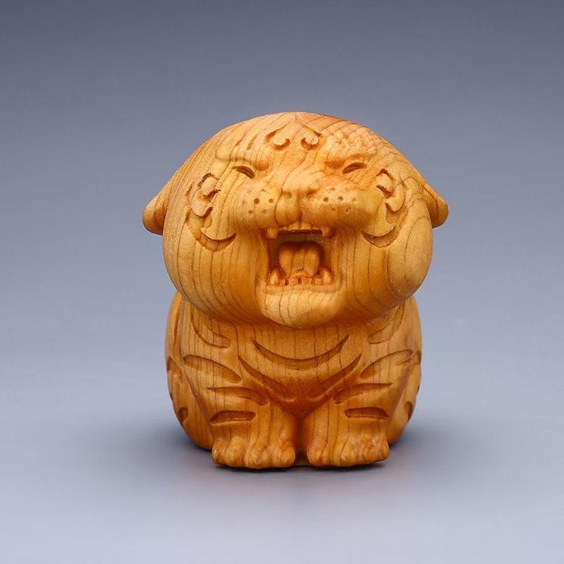 Cypress Cute Tiger Baby Decorate small statues -Chinese characteristic wood carving Cute Home Room Office Healing Decoration