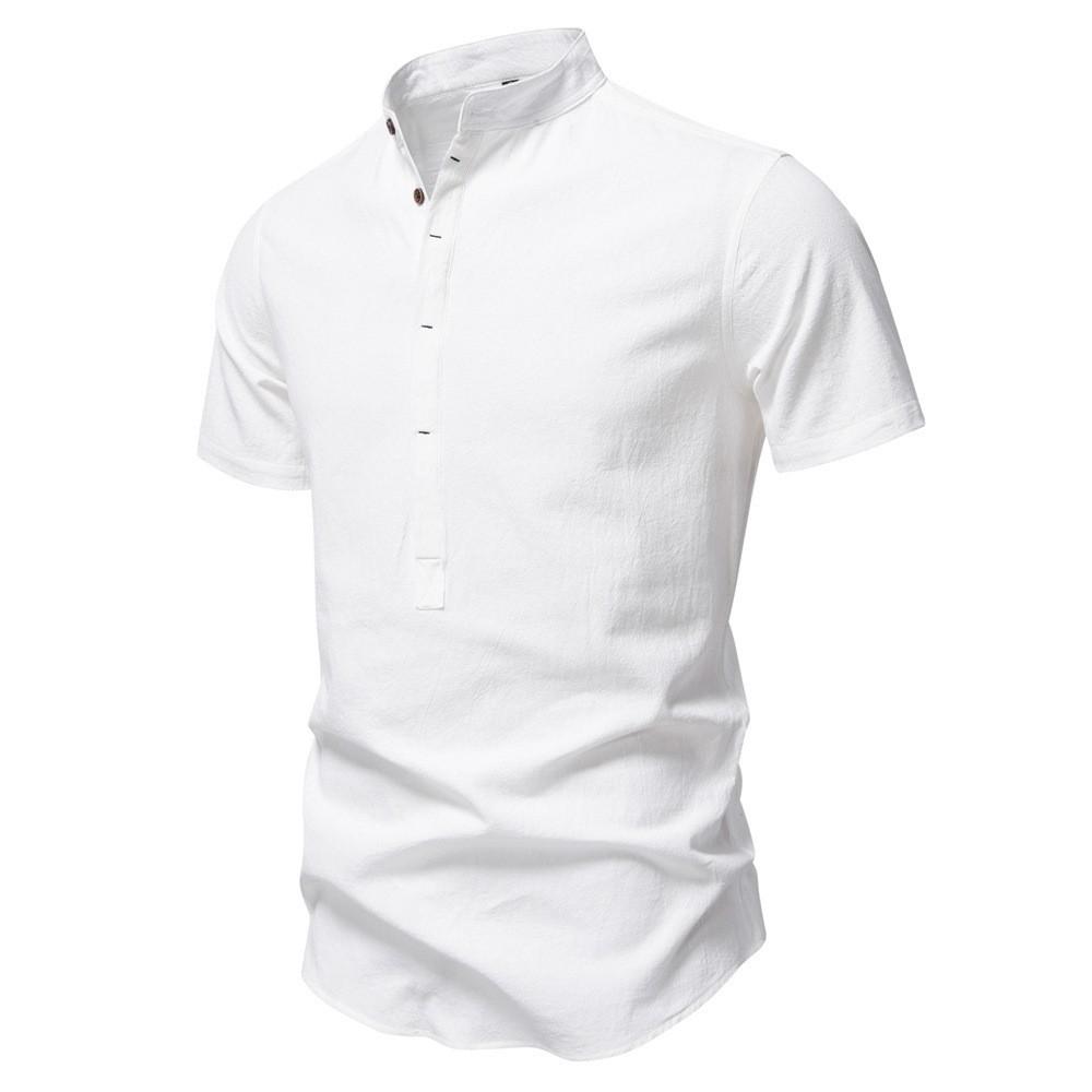 Men Business Casual Stand Collar Short Sleeve Linen Blend Shirt S