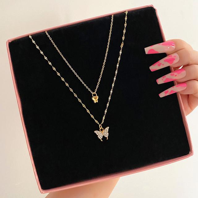 Silver Color Shining Crystal Butterfly Pendant Necklaces Double Layer Pendant Clavicle Choker For Women Jewelry Gifts