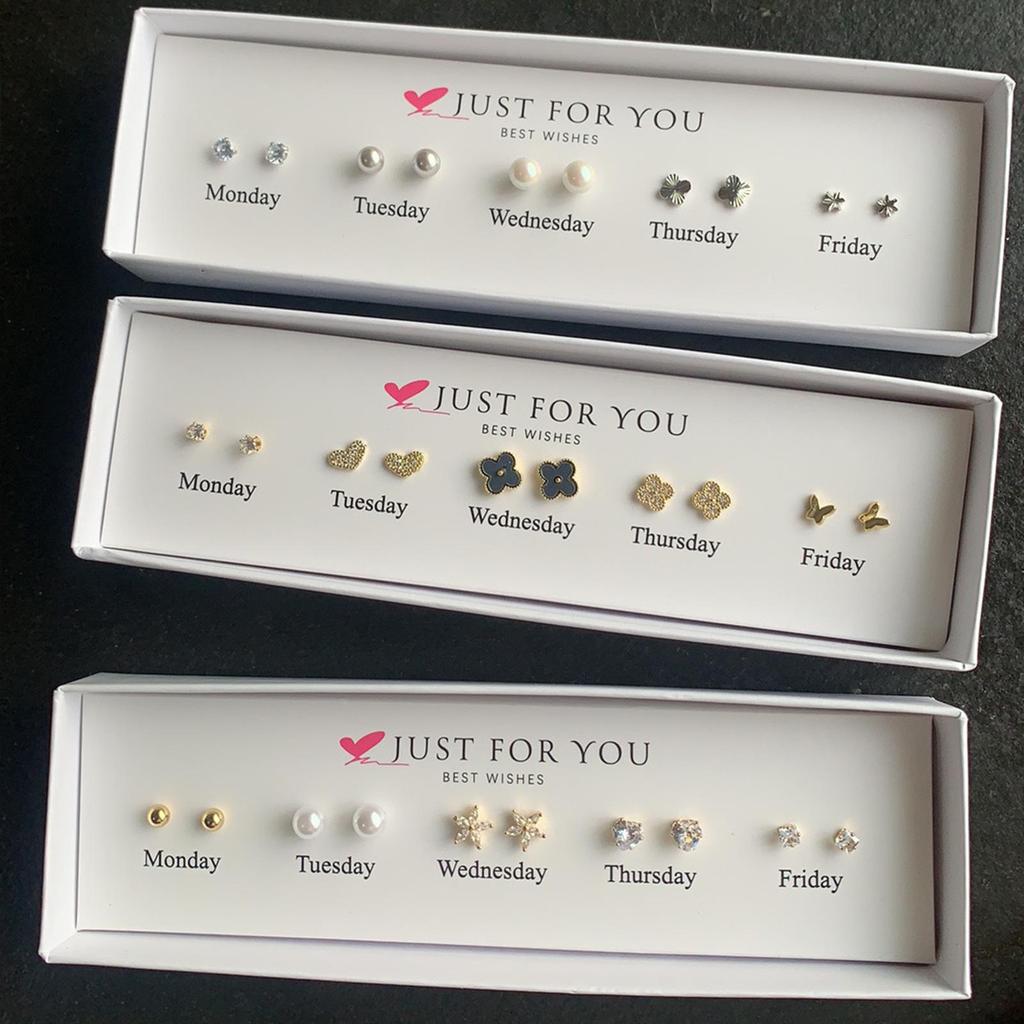 Zirkon Blumenstecker Set: 5 Paare für Damen mit Silbernadeln - Wochen-Geschenkbox