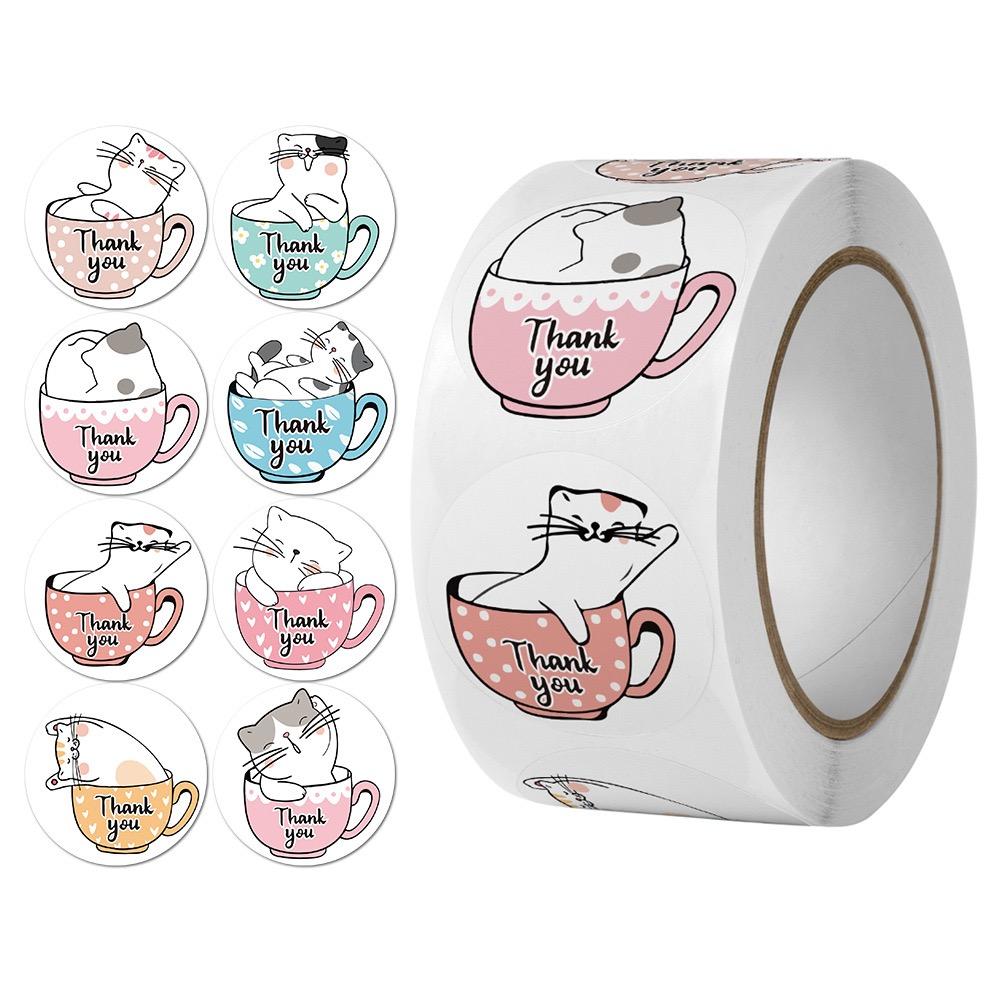 500pcs/1 Roll Label Stickers, Cat In a Cup Coated Paper, Thank You for Ordering Shop Gift Tag Stickers
