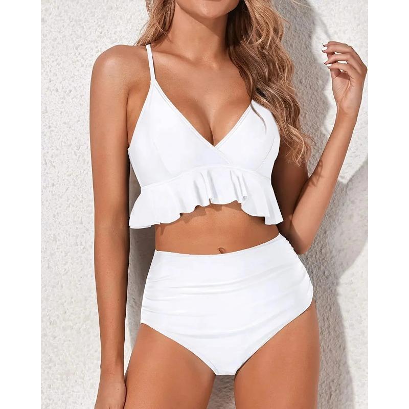 Bikiny s vysokým pasem Plavky Jednobarevné Oddělený design Detaily s listovým okrajem Čínská značka Dámské módní plavky