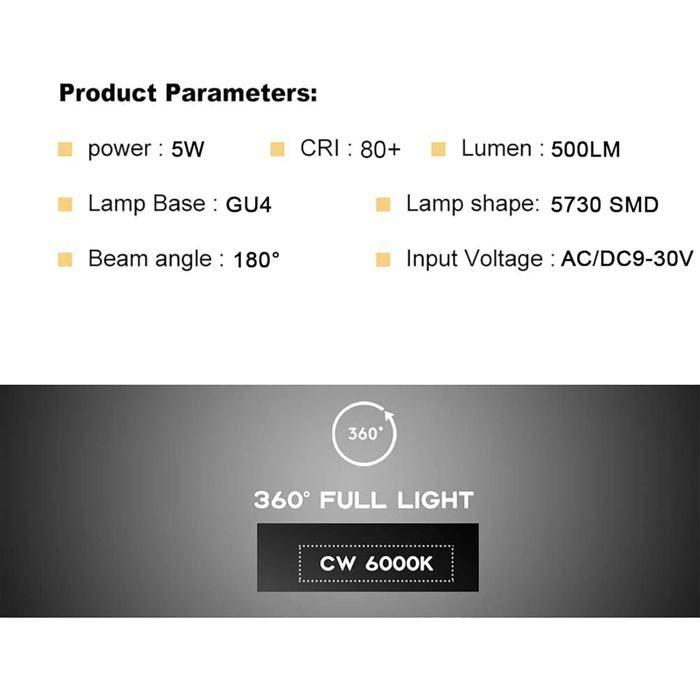 Lot de 10 ampoules LED MR11 GU4 5W - 6000K (Blanc froid) 600 lm, Remplace 50W 12V, Angle 120°