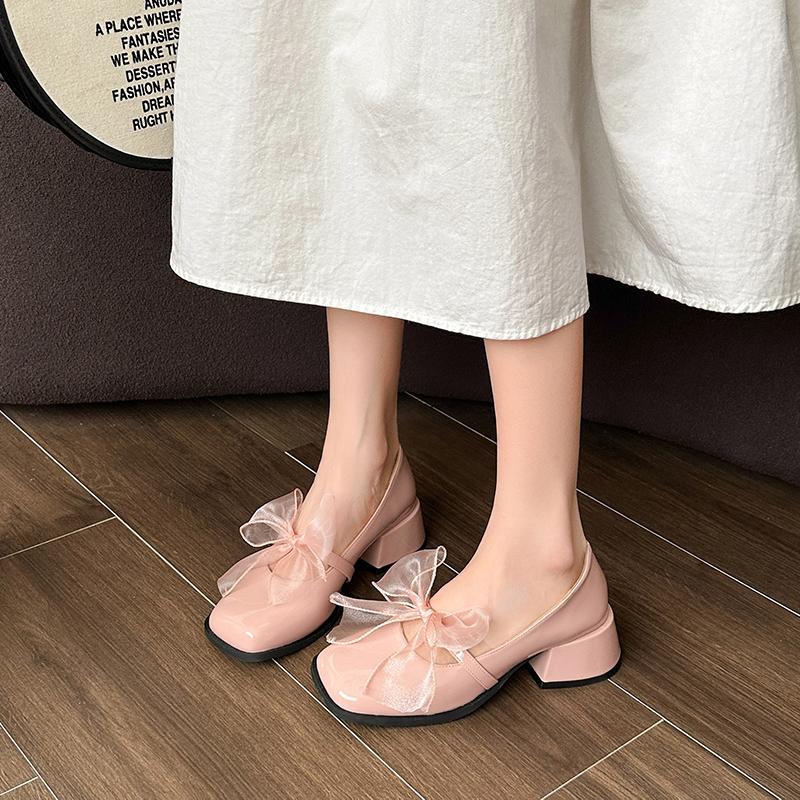 

2025 Женские летние новые модные дизайнерские туфли на высоком каблуке с бантом для вечеринки из искусственной кожи, элегантные женские туфли без застежек с квадратным носком и низким верхом, Zapatos 35 розовый