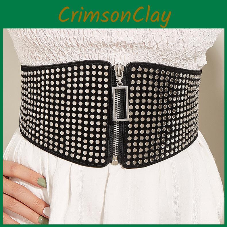 Flat Multiple Small Nail Zipper Waist Seal Waistband With Rivets Black Belt