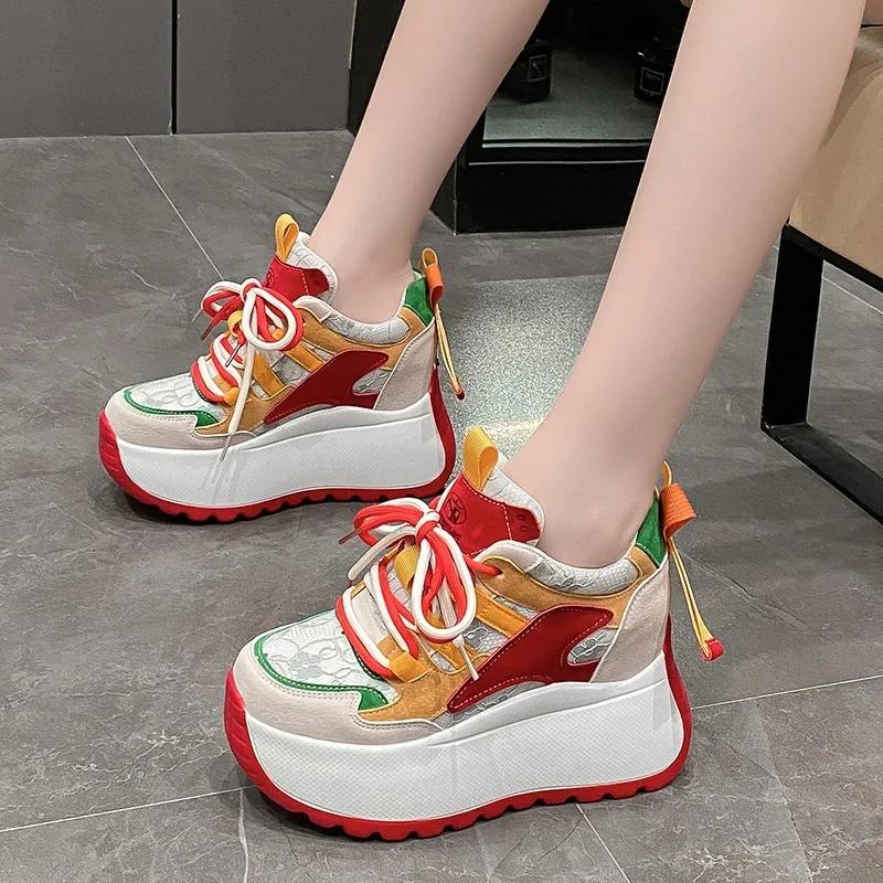 Modne 10CM Jesienne Grube Trampki Modne Damskie Buty Oddychające Damskie Buty Sportowe Casual Platformowe Trampki Damskie Zapatillas De Mujer