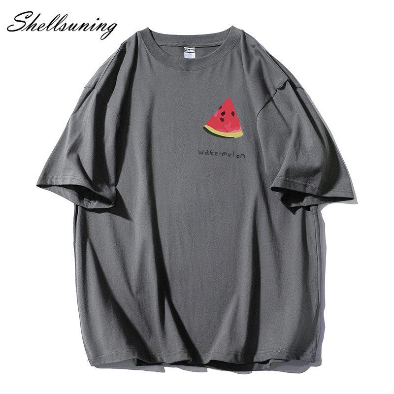 Shellsuning Tricouri casual din bumbac de vară cu decolteu în formă de O Tricouri cu grafic pentru femei drăguț pepene verde pentru femei, simplu, la modă, cu mâneci scurte, topuri fete