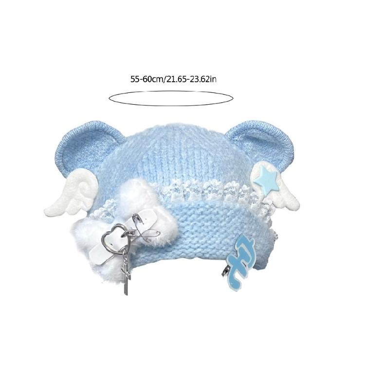 Warm Blue Bear Hat with Ear Furry Caps Cartoon Ear Hat Solid Color Wing Winter Plush Hat for Casual Wear
