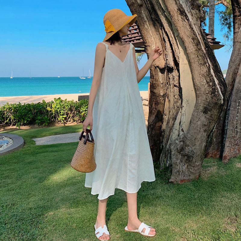 Women's 2026 Summer White Spaghetti Strap Beach Dress - Loose Fit, Slimming, Seaside Vacation Style Long Dress