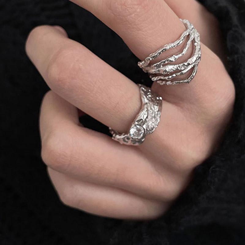 Contemporary Irregular Textured S925 Silver Ring For Women In Trendy Style Geometric
