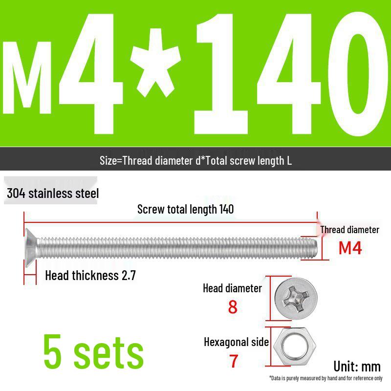 304 Stainless Steel Extra Long Phillips Flat Head Screws and Nuts Set (2M, 3M, 4M)