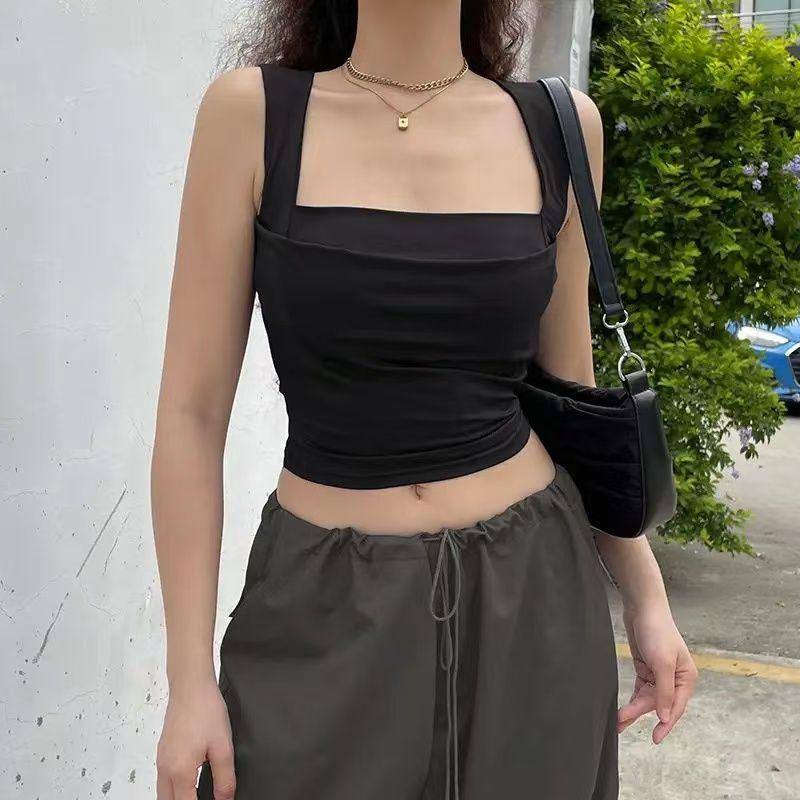 

Fashion Sexy Sexy Square-Neck Low-Cut Tight-Fitting Slim Looking Ruched Short Crop Top Sleeveless Base Spaghetti-Strap Camisole Top Black S