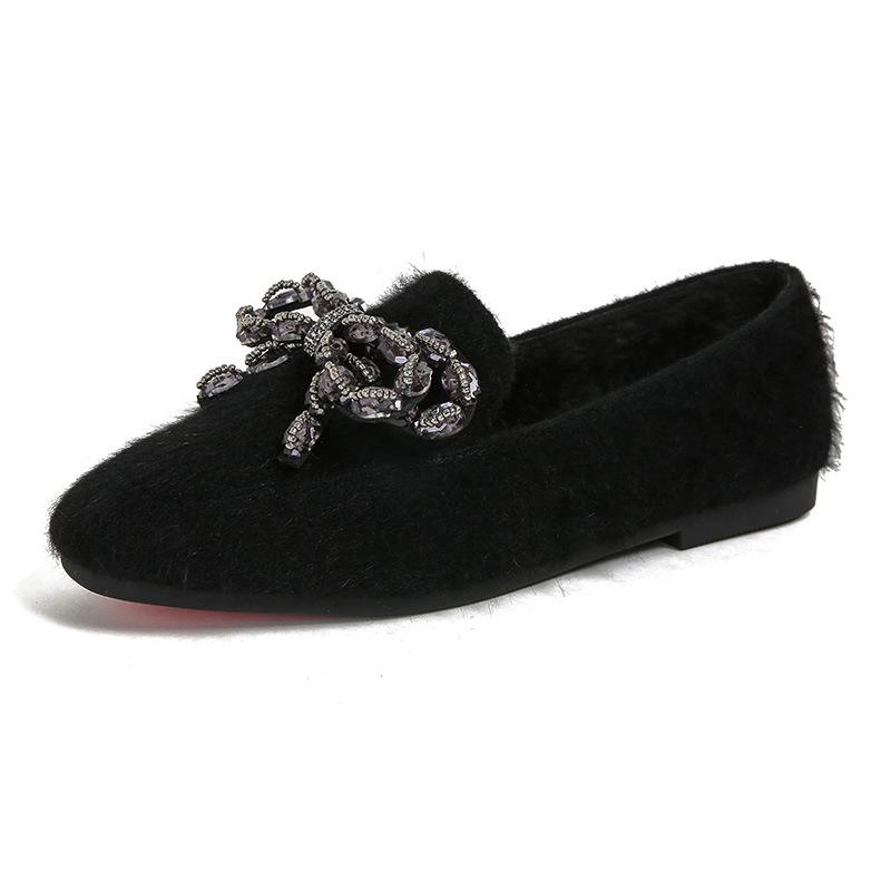 Fashion Crystal Bowknot Women fur flats winter warm plush cotton loafers female square toe beads strings mink fur moccasins big size 42