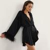 Women's Silk Robe Fashion Satin Robe Lady Pajamas Black White Nightgown Ostrich Feather Cuff Nightwear
